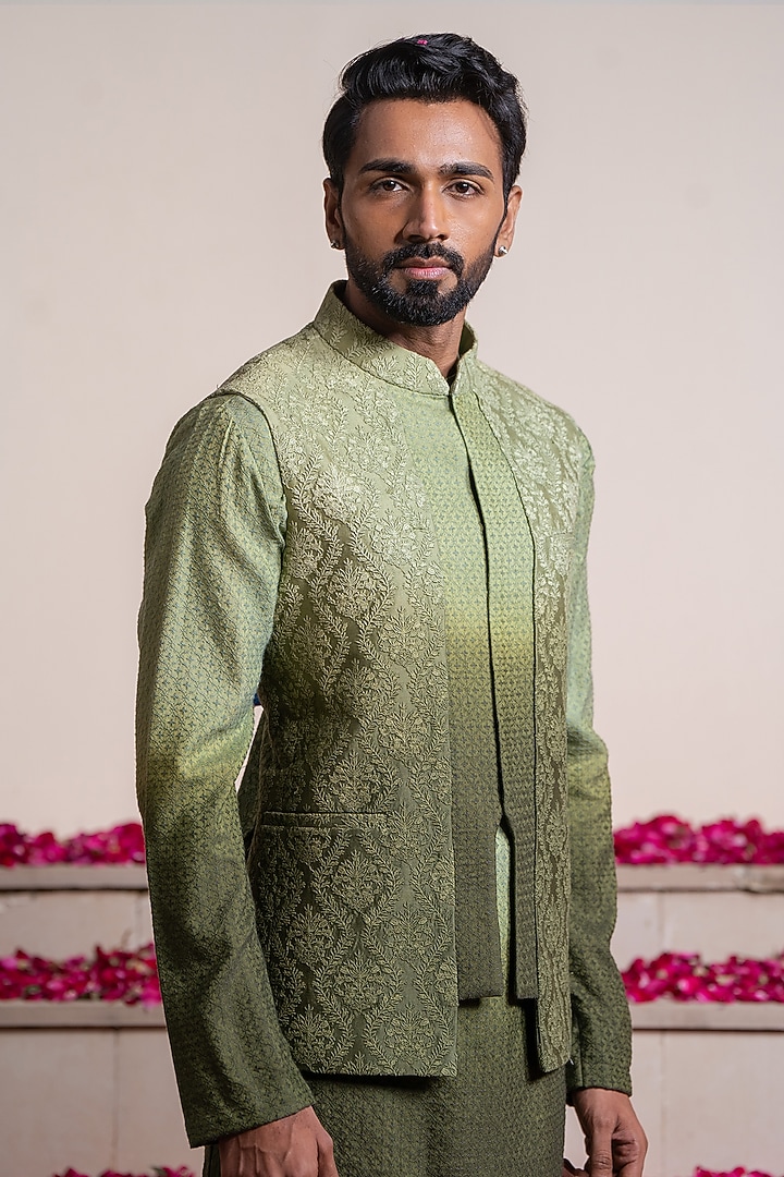 Green Ombre Chanderi Embroidered Bundi Jacket With Kurta by AYUSH JAIN at Pernia's Pop Up Shop
