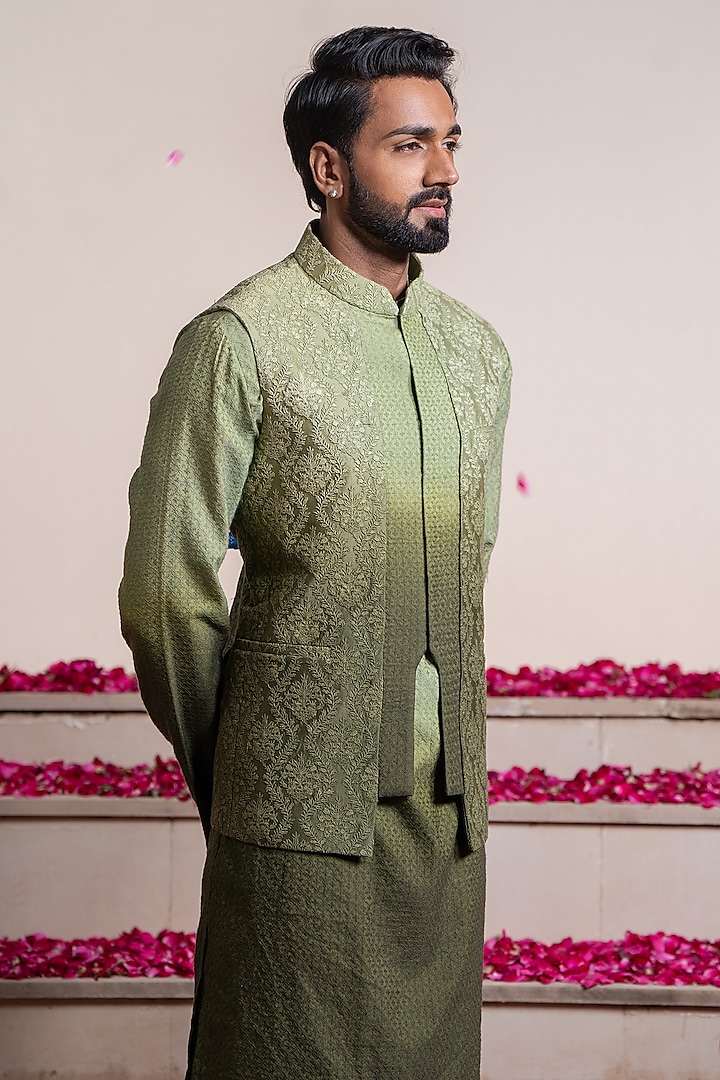 Green Ombre Chanderi Embroidered Bundi Jacket With Kurta by AYUSH JAIN at Pernia's Pop Up Shop