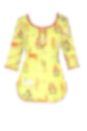 Apple yellow floral and animal printed kurta and ecru dhoti pants set available only at Pernia's Pop Up Shop.