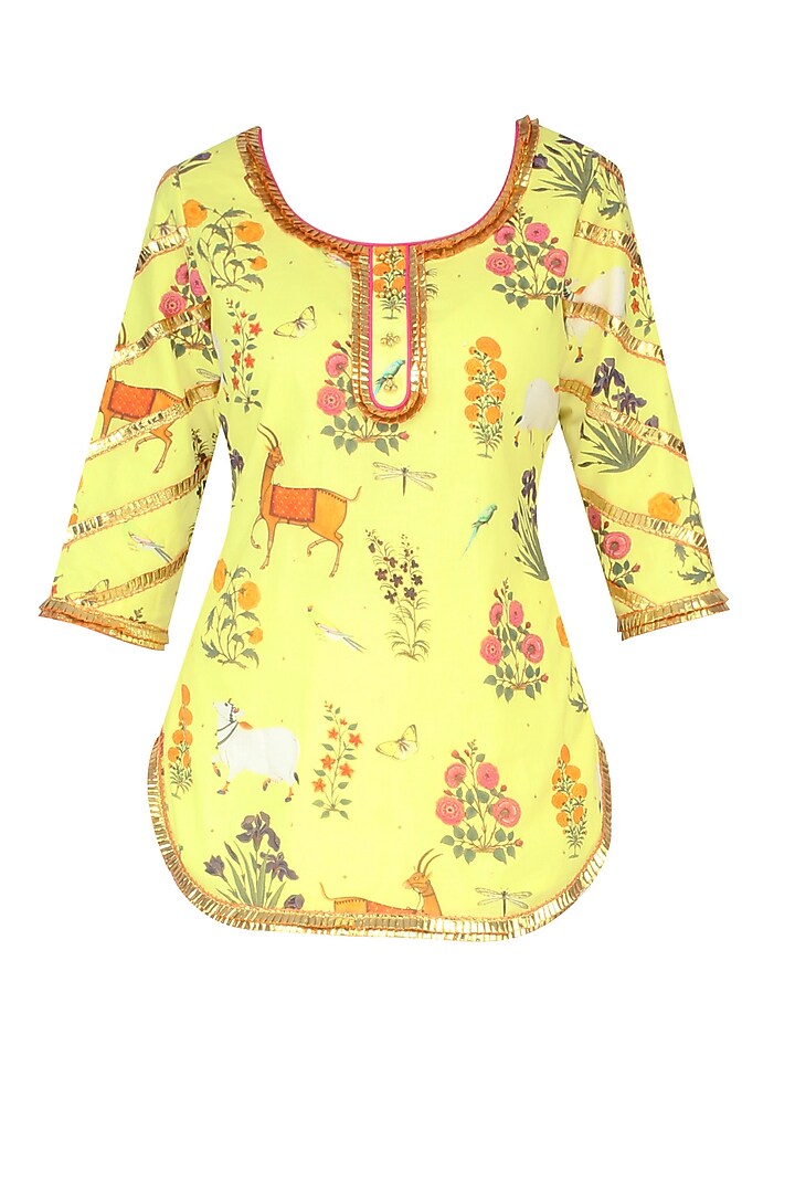 Apple yellow floral and animal printed kurta and ecru dhoti pants set available only at Pernia's Pop Up Shop.
