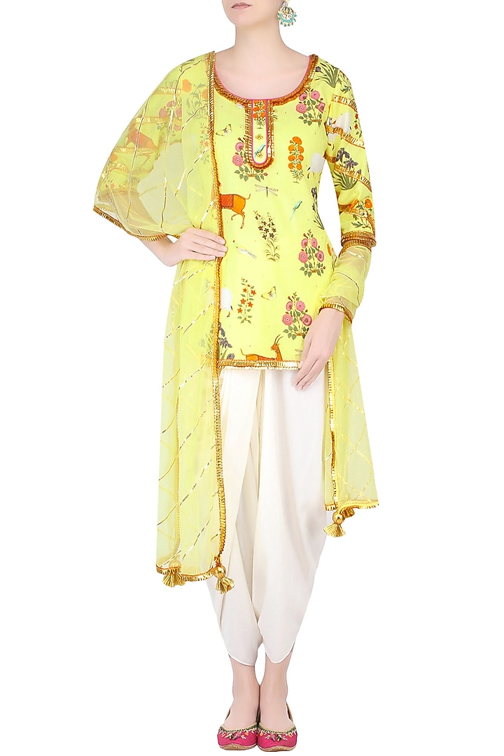 Apple yellow floral and animal printed kurta and ecru dhoti pants set available only at Pernia's Pop Up Shop.