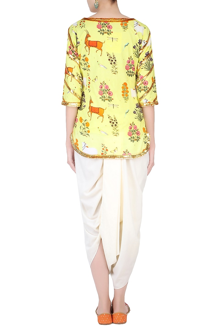 Apple yellow floral and animal printed kurta and ecru dhoti pants set available only at Pernia's Pop Up Shop.