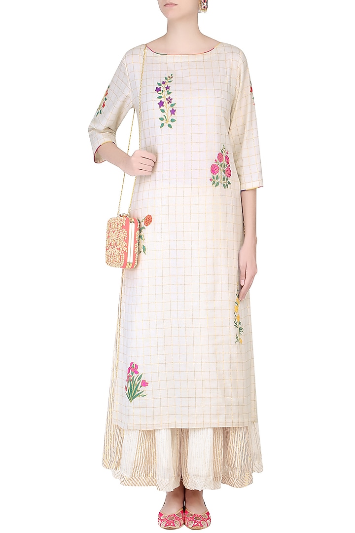 Ecru mughal botanic embroidered kurta and stripe sharara pants set available only at Pernia's Pop Up Shop.