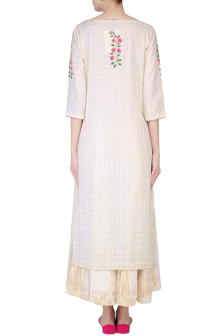 Ecru mughal botanic embroidered kurta and stripe sharara pants set available only at Pernia's Pop Up Shop.