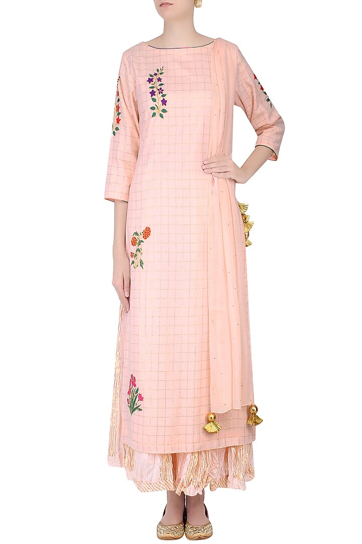 Blush pink mughal botanic embroidered motifs kurta and sharara pants set available only at Pernia's Pop Up Shop.