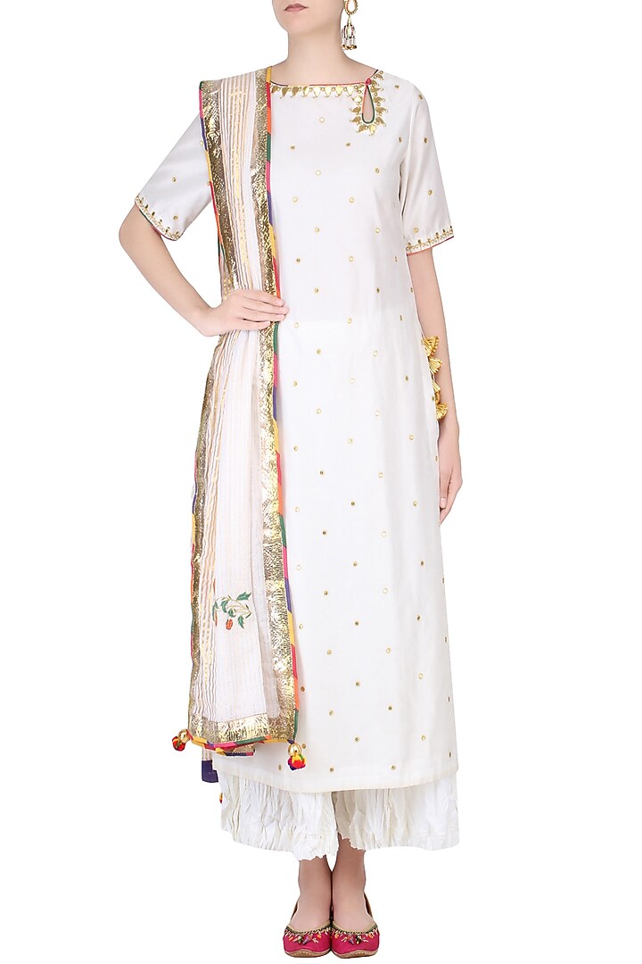 Ecru gota patti work kurta and sharara pants set with embroidered dupatta available only at Pernia's Pop Up Shop.