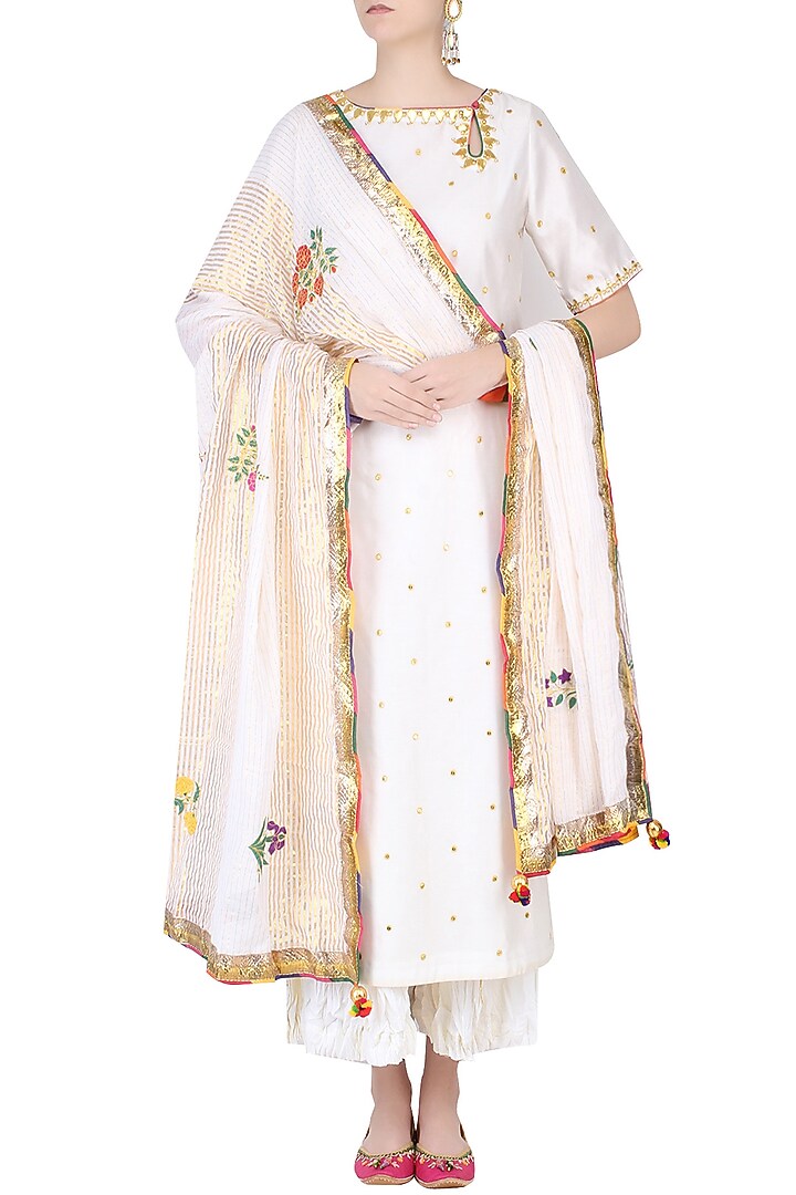 Ecru gota patti work kurta and sharara pants set with embroidered dupatta available only at Pernia's Pop Up Shop.