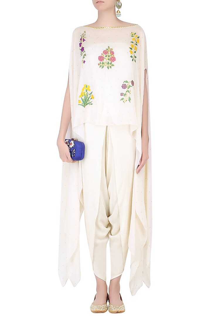 Ecru mughal botanic embroidered motifs cape and dhoti pants set available only at Pernia's Pop Up Shop.
