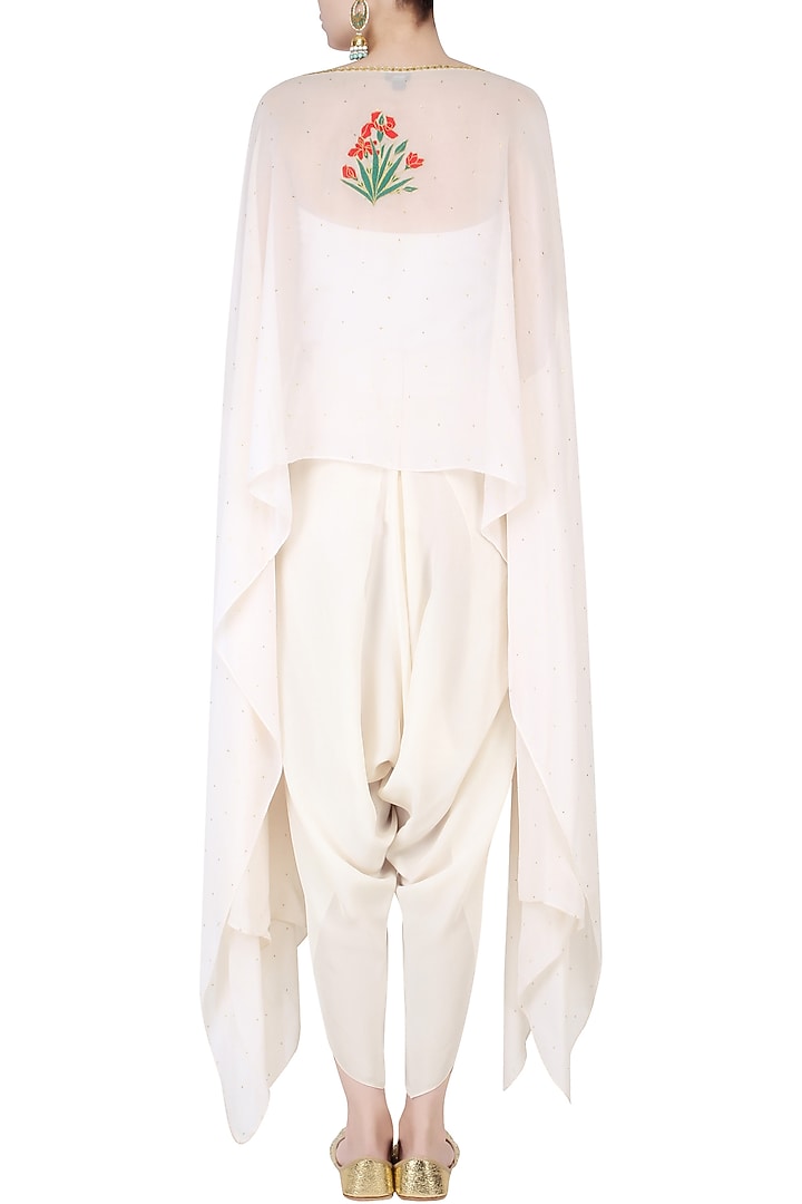 Ecru mughal botanic embroidered motifs cape and dhoti pants set available only at Pernia's Pop Up Shop.