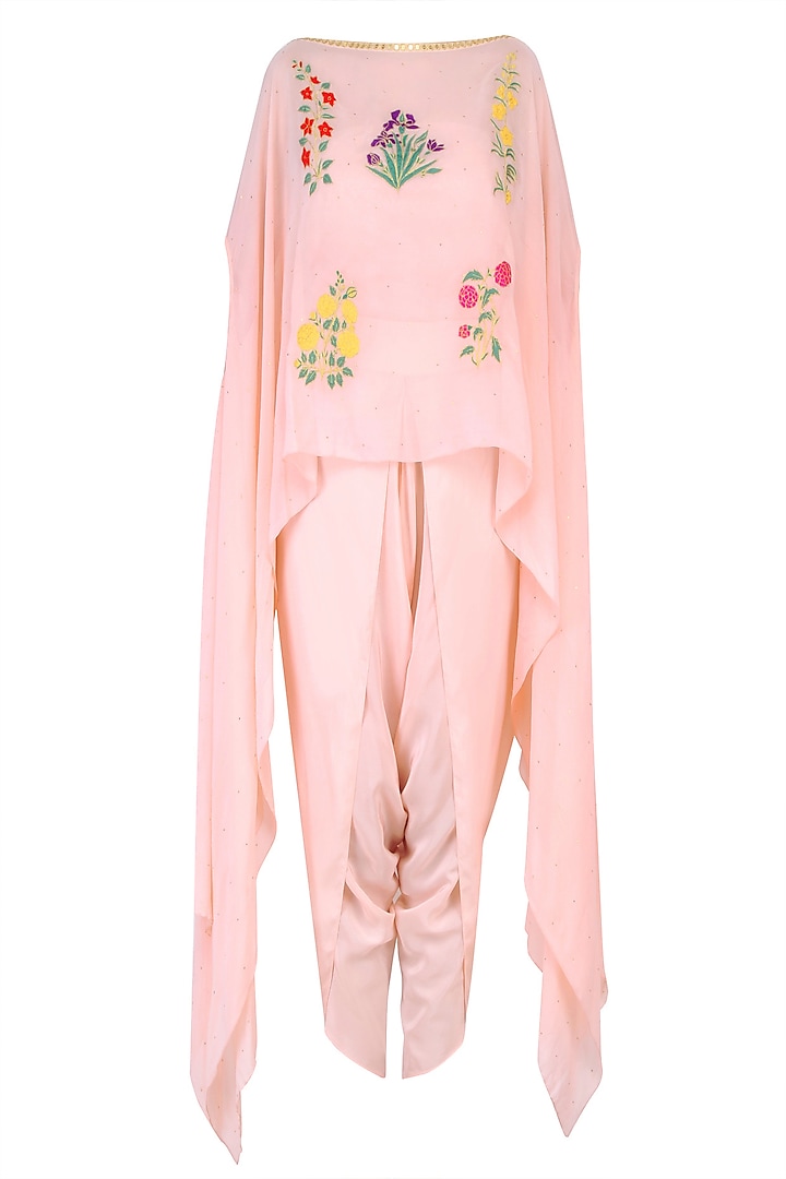 Blush Pink Mughal Botanic Embroidered Motifs Cape and Dhoti Pants Set by Ayinat By Taniya O'Connor 