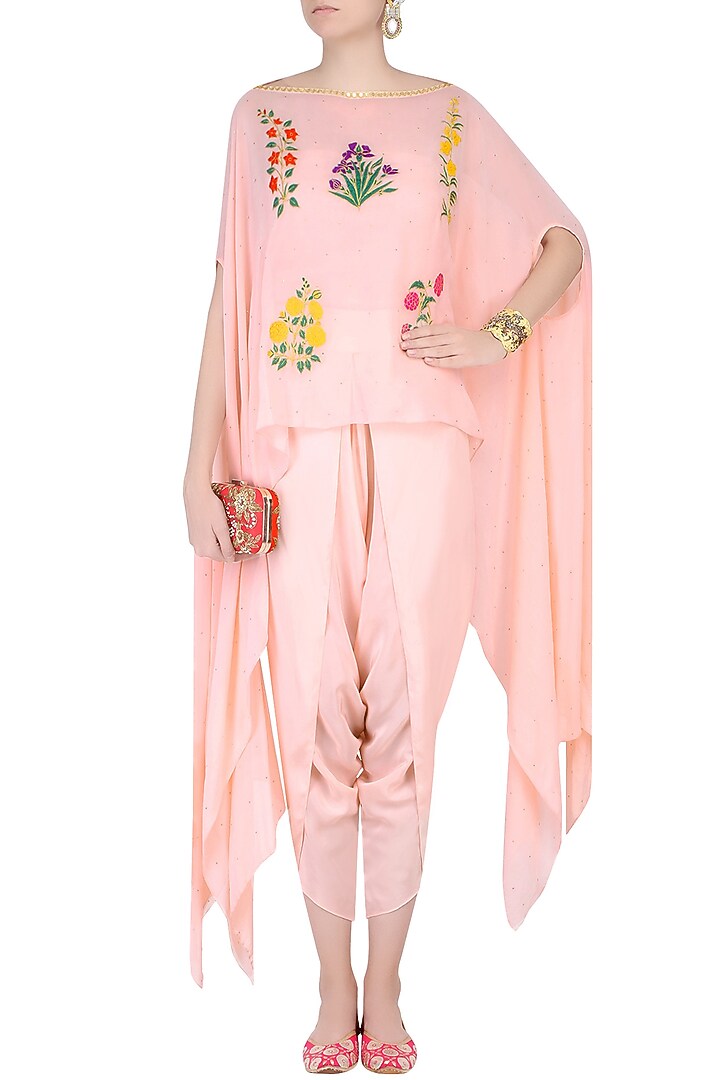 Blush pink mughal botanic embroidered motifs cape and dhoti pants set available only at Pernia's Pop Up Shop.