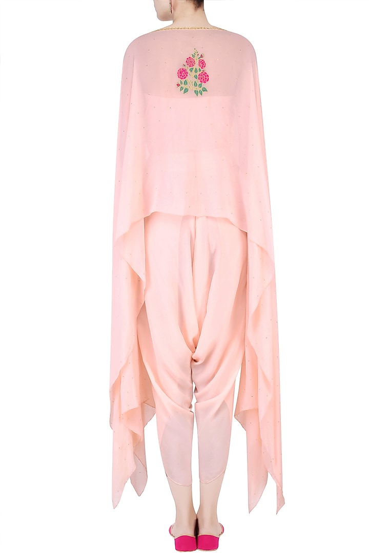 Blush pink mughal botanic embroidered motifs cape and dhoti pants set available only at Pernia's Pop Up Shop.