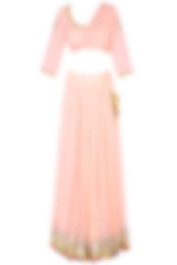 Blush pink gota patti work draped blouse and lehenga skirt set available only at Pernia's Pop Up Shop.