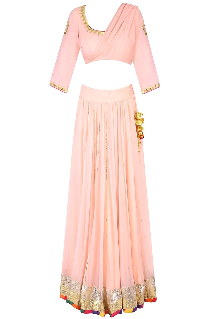 Blush pink gota patti work draped blouse and lehenga skirt set available only at Pernia's Pop Up Shop.