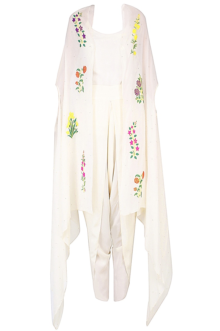 Ecru Mughal Botanical Embroidered Motifs Cape, Dhoti Pants and Camisole Set by Ayinat By Taniya O'Connor 