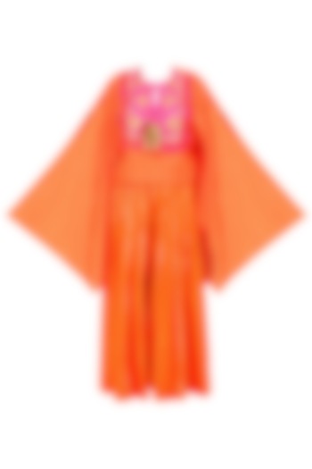 Orange and rani pink gota patti work cape with sharara pants available only at Pernia's Pop Up Shop.