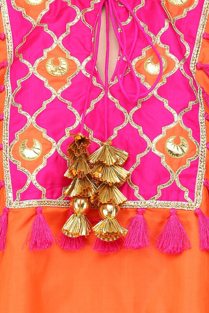 Orange and rani pink gota patti work cape with sharara pants available only at Pernia's Pop Up Shop.