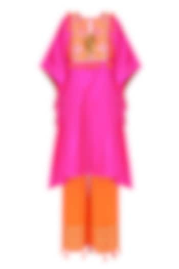 Rani Pink and Orange Gota Patti Work Cape and Wide Legged Pants Set by Ayinat By Taniya O'Connor