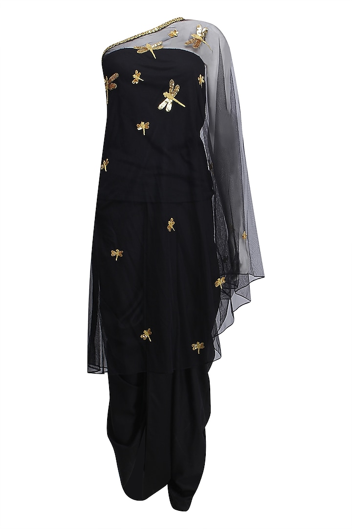 Black Dragonfly Motifs One Shoulder Cape and Dhoti Pants Set by Ayinat By Taniya O'Connor