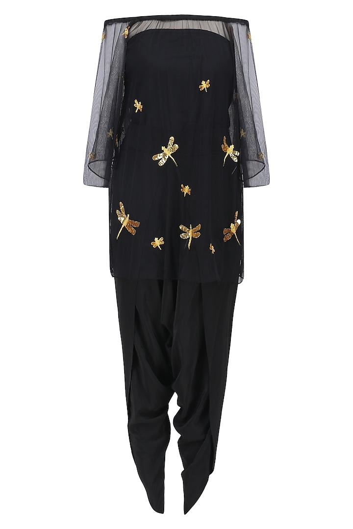 Black dragonfly motifs off shoulder top and dhoti pants set available only at Pernia's Pop Up Shop.