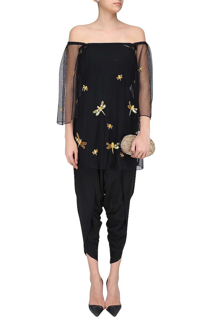 Black dragonfly motifs off shoulder top and dhoti pants set available only at Pernia's Pop Up Shop.