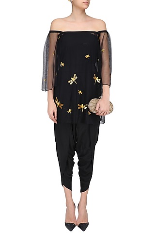 Black Dragonfly Motifs Off Shoulder Top and Dhoti Pants Set by Ayinat By Taniya O'Connor