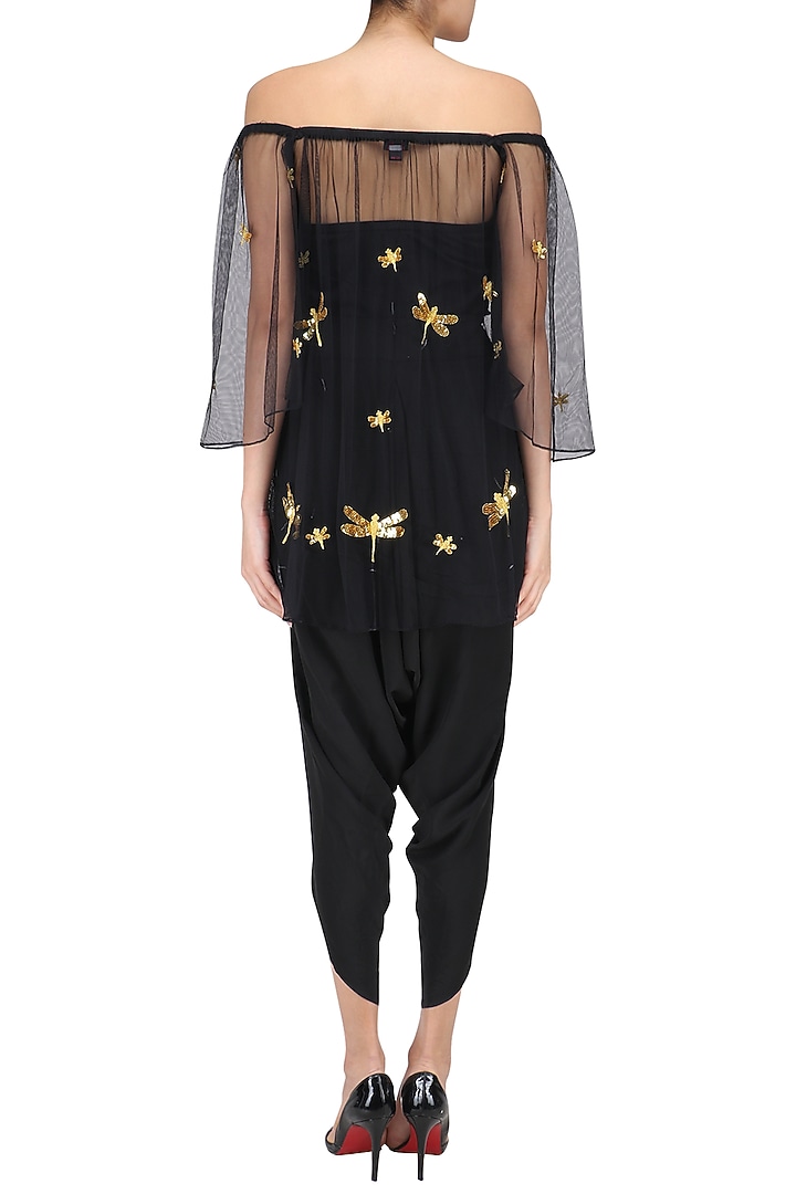 Black dragonfly motifs off shoulder top and dhoti pants set available only at Pernia's Pop Up Shop.