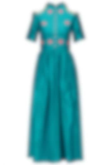 Turquoise Blue Gota Patti Work Cold Shoulder Maxi Dress by Ayinat By Taniya O'Connor