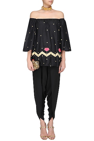 Black Lotus Motifs Boho Top and Dhoti Pants Set by Ayinat By Taniya O'Connor