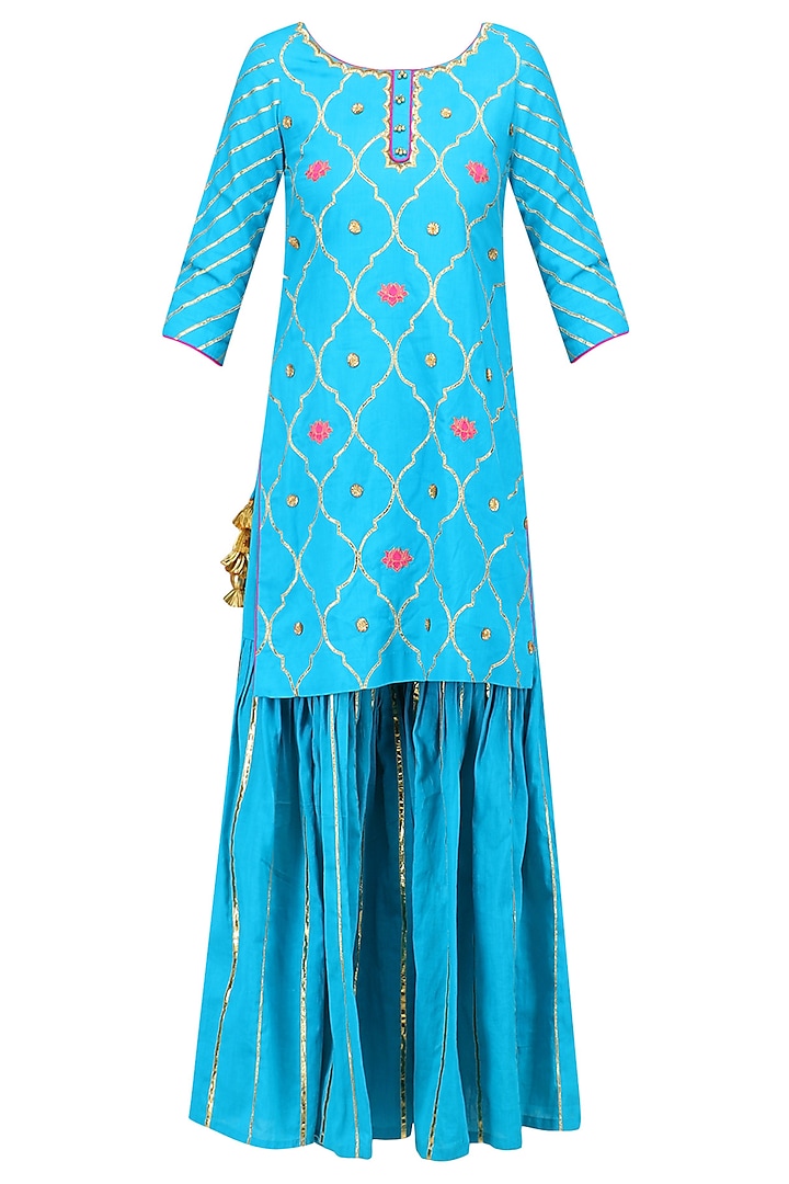 Blue Gota Patti and Lotus Motifs Short Kurta and Lehenga Skirt Set by Ayinat By Taniya O'Connor