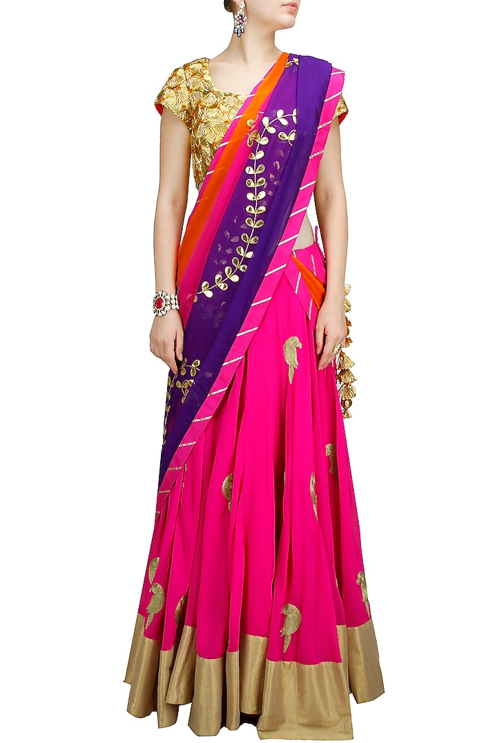 Gota applique blouse with hot pink embroidered lehenga available only at Pernia's Pop-Up Shop.