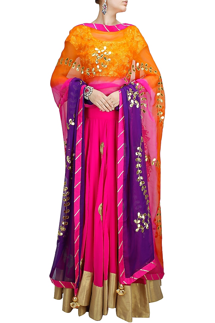 Gota applique blouse with hot pink embroidered lehenga available only at Pernia's Pop-Up Shop.
