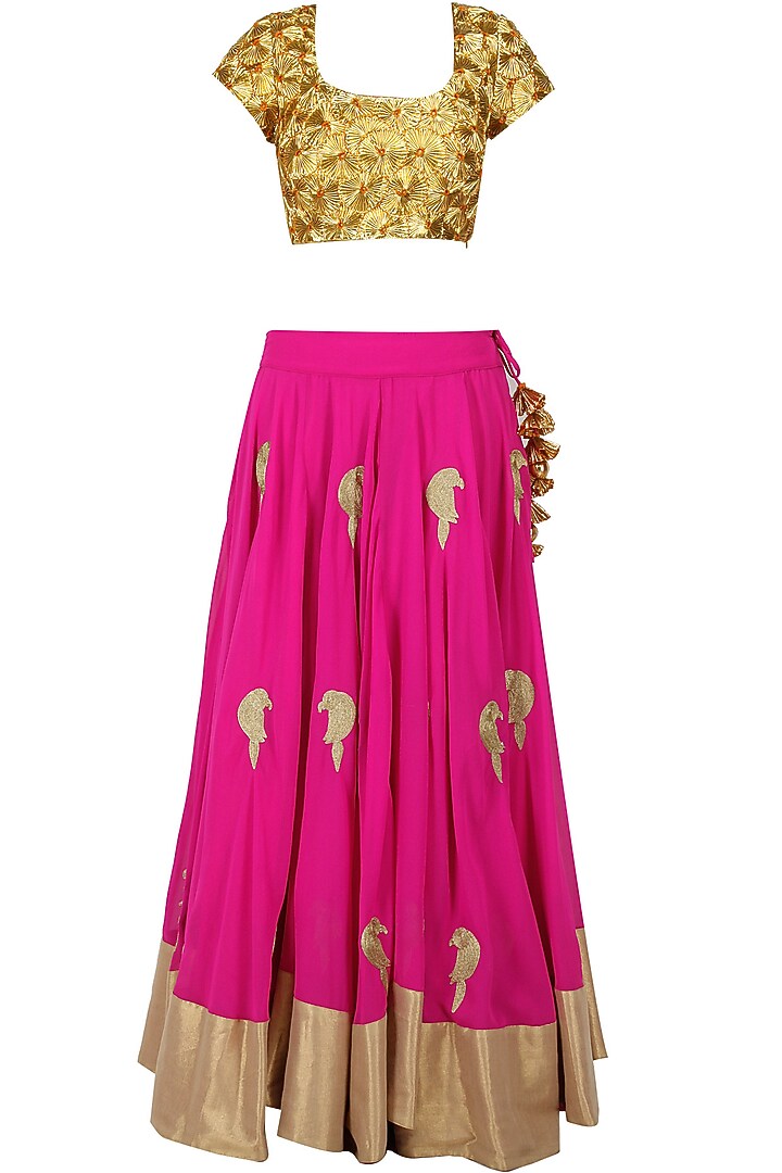 Gota applique blouse with hot pink embroidered lehenga available only at Pernia's Pop-Up Shop.