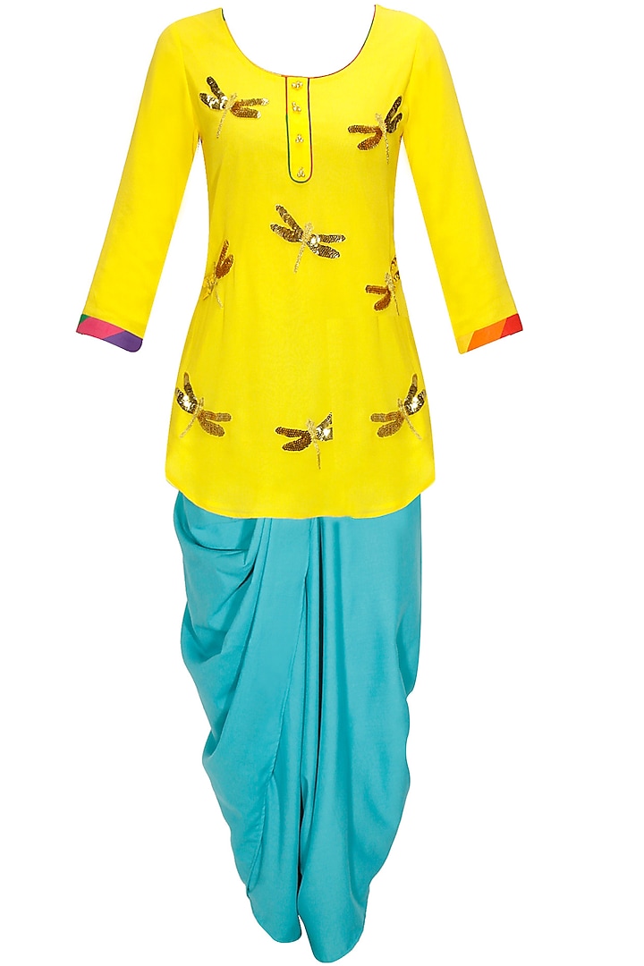 Yellow dragonfly kurta with sky blue dhoti pants and dupatta by Ayinat by Taniya O'Connor