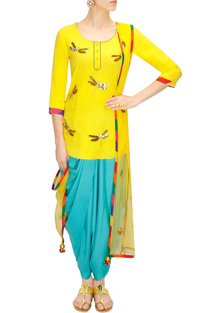 Yellow dragonfly kurta with sky blue dhoti pants and dupatta available only at Pernia's Pop-Up Shop.
