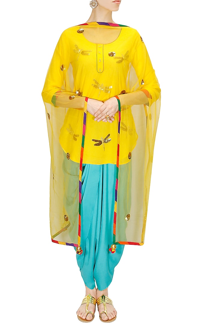Yellow dragonfly kurta with sky blue dhoti pants and dupatta available only at Pernia's Pop-Up Shop.