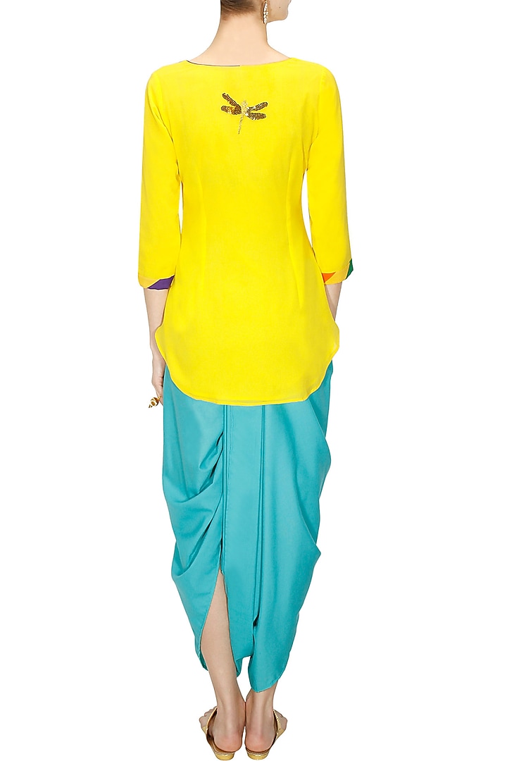 Yellow dragonfly kurta with sky blue dhoti pants and dupatta available only at Pernia's Pop-Up Shop.