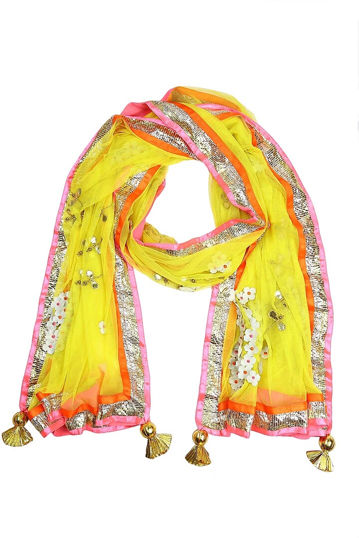 Yellow dragonfly and cherry blossom gota patti embroidered dupatta by Ayinat By Taniya O'Connor