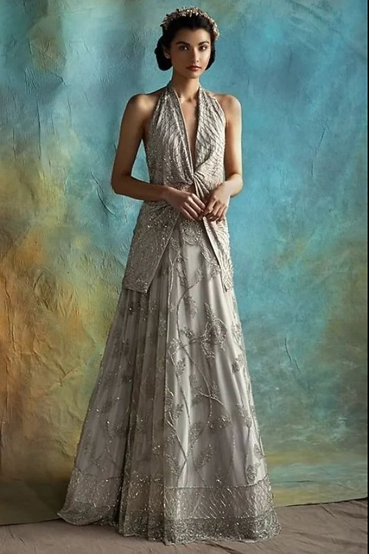 Grey Tulle & Jersey Bridal Lehenga Set by Esha Sethi Thirani at Pernia's Pop Up Shop