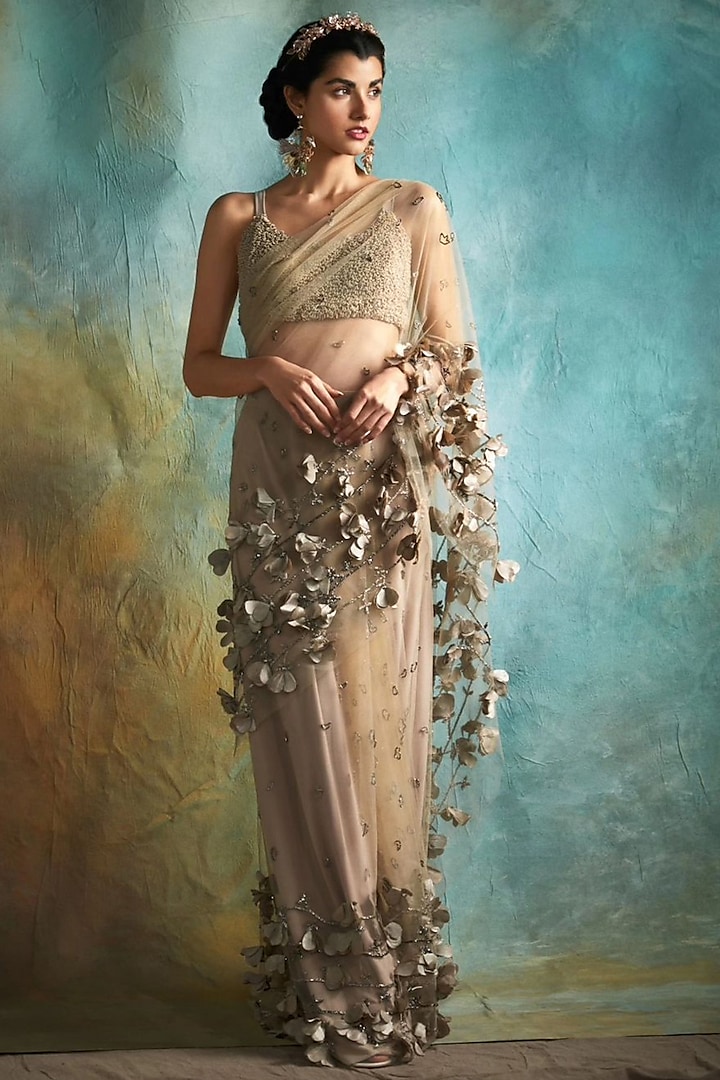 Nude Tulle Full Bloom Saree Set by Esha Sethi Thirani at Pernia's Pop Up Shop