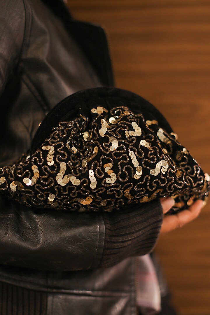 Black & Gold Suede Velvet Sequins Embroidered Clutch by AYE VI at Pernia's Pop Up Shop