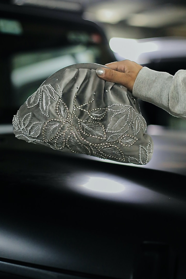 Silver Grey Suede Velvet Crystal Chain Hand Embroidered Clutch by AYE VI at Pernia's Pop Up Shop