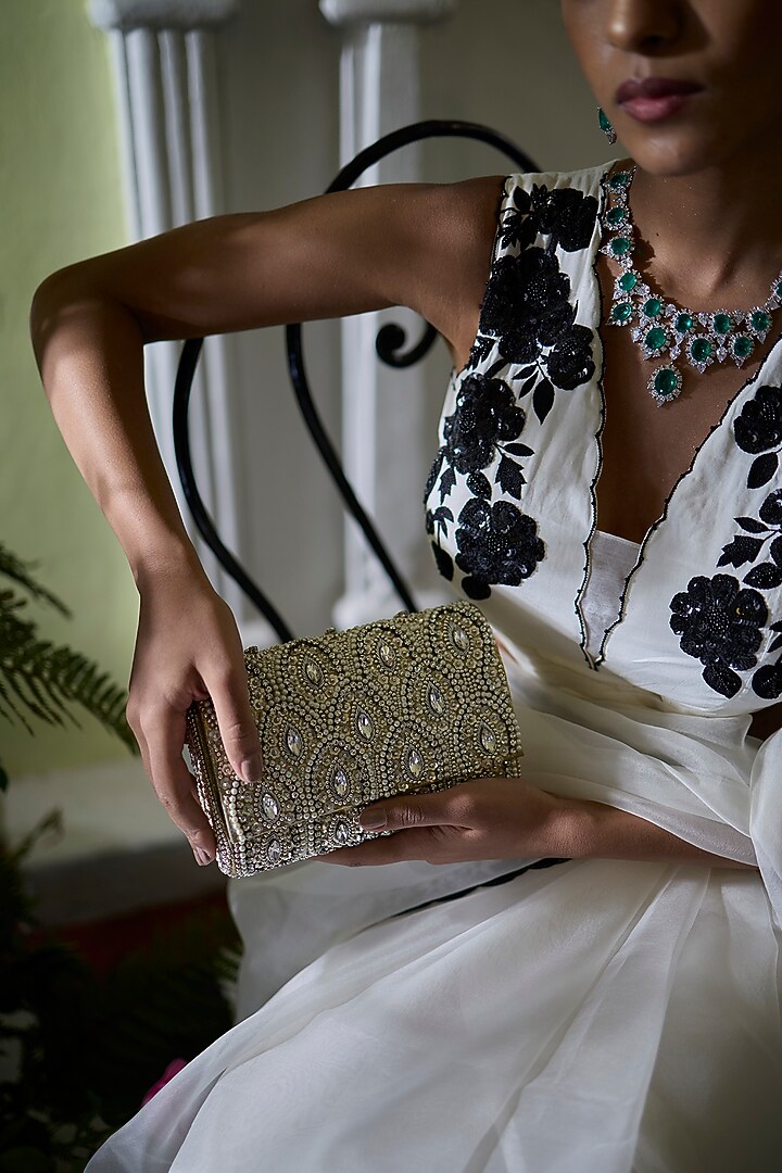 Silver Ivory Vegan Leather Sequins Embroidered Clutch by AYE VI at Pernia's Pop Up Shop