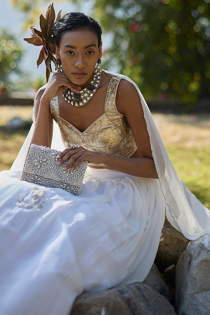 Ivory Silk Velvet Pearl & Cutdana Embellished Minaudiere Bag by AYE VI at Pernia's Pop Up Shop