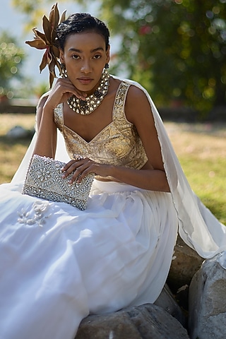 Ivory Vegan Leather Pearl & Cutdana Embroidered Handcrafted Bag by AYE VI