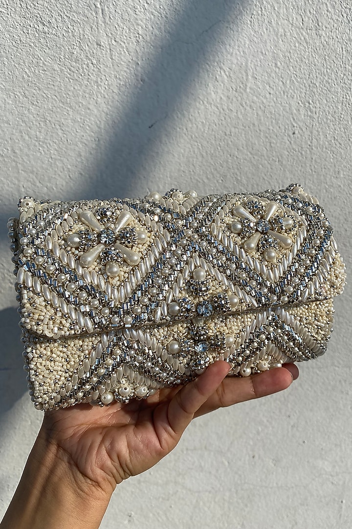 Ivory Vegan Leather Pearl & Cutdana Embroidered Handcrafted Bag by AYE VI at Pernia's Pop Up Shop