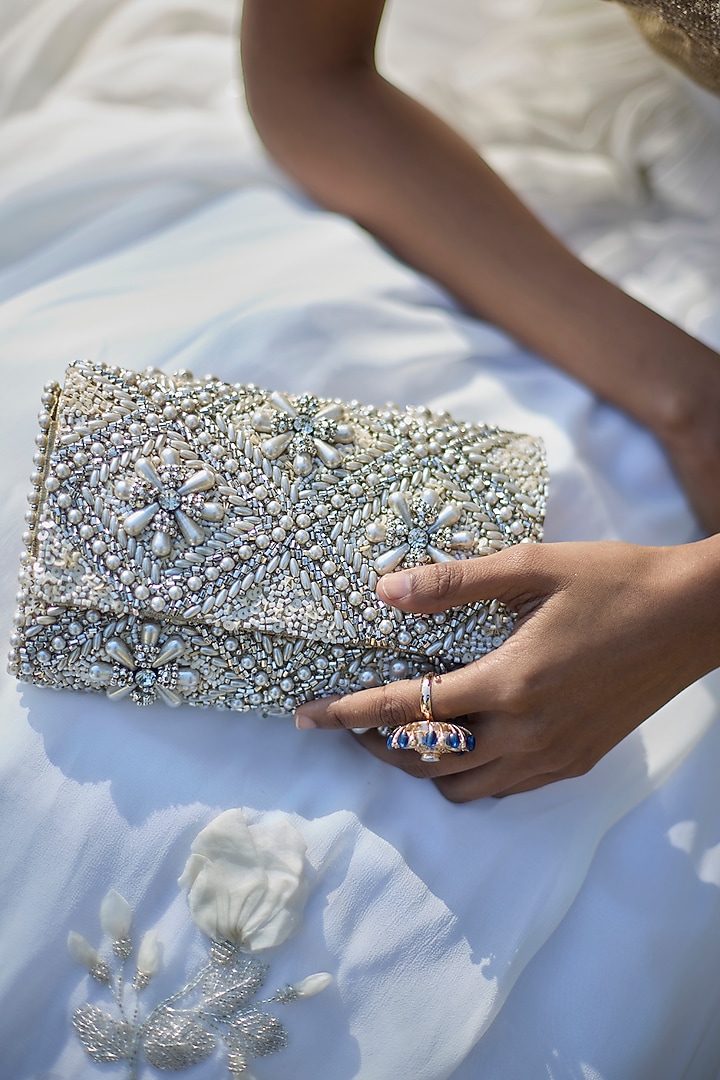 Ivory Vegan Leather Pearl & Cutdana Embroidered Handcrafted Bag by AYE VI at Pernia's Pop Up Shop