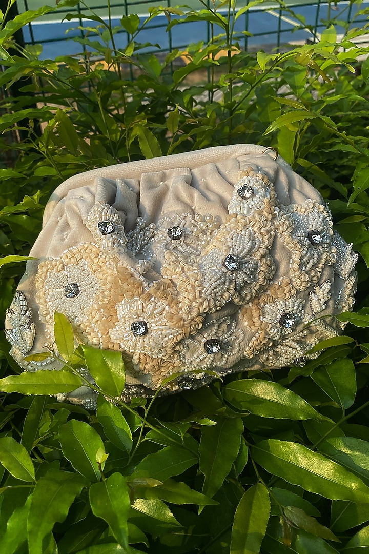 White Suede Velvet Sequins Hand Embroidered Clutch by AYE VI at Pernia's Pop Up Shop