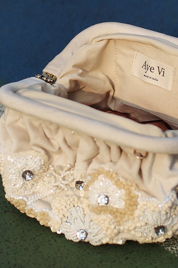 White Suede Velvet Sequins Hand Embroidered Clutch by AYE VI at Pernia's Pop Up Shop