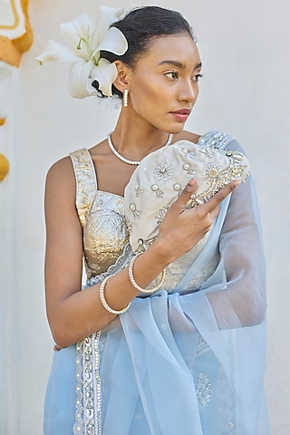 White & Silver Suede Velvet Dabka Hand Embroidered Ruched Clutch by AYE VI